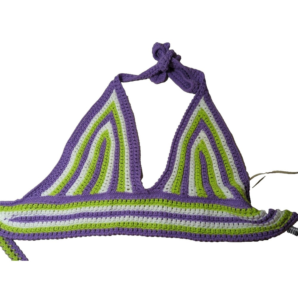 Double Zero Large purple green white crocheted Halter tie back top NWT